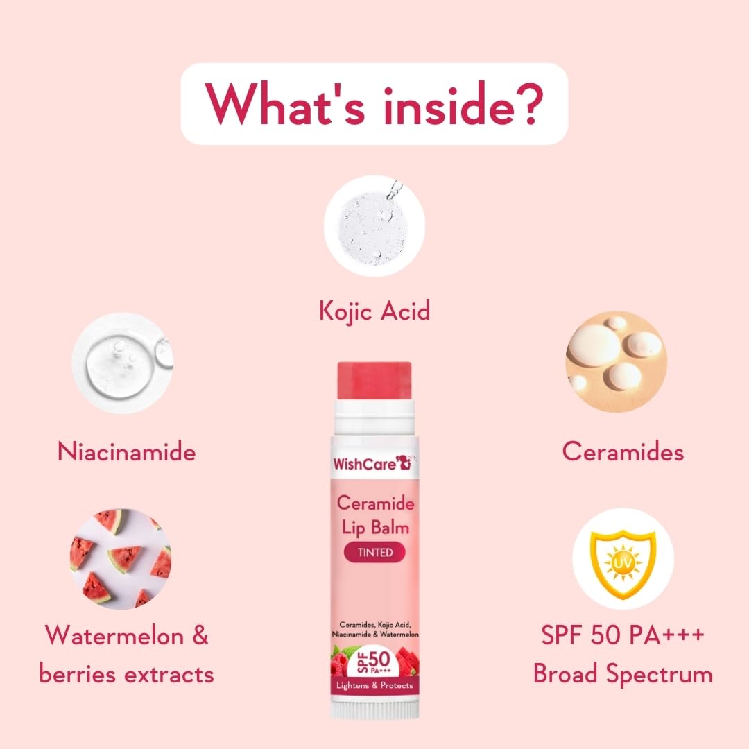WishCare Tinted Ceramide Lip Balm with SPF50 PA+++ - Kojic Acid & Niacinamide - For Lip Lightening & Protection 5gm