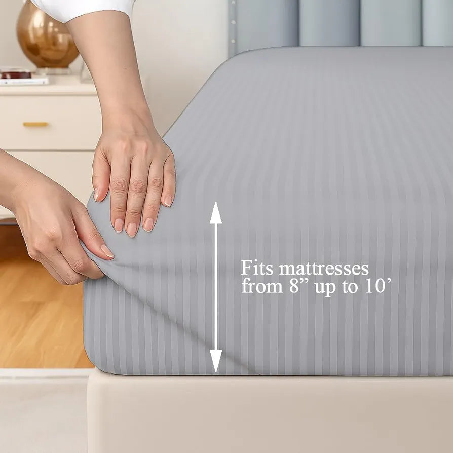Trance Home Linen 100% Cotton 78x66 inch 200TC Satin Stripe Elastic Fitted Bedsheet Daily Use Double Bed Fitted Bedspread with 2 Pillow Covers Colour Silver Grey