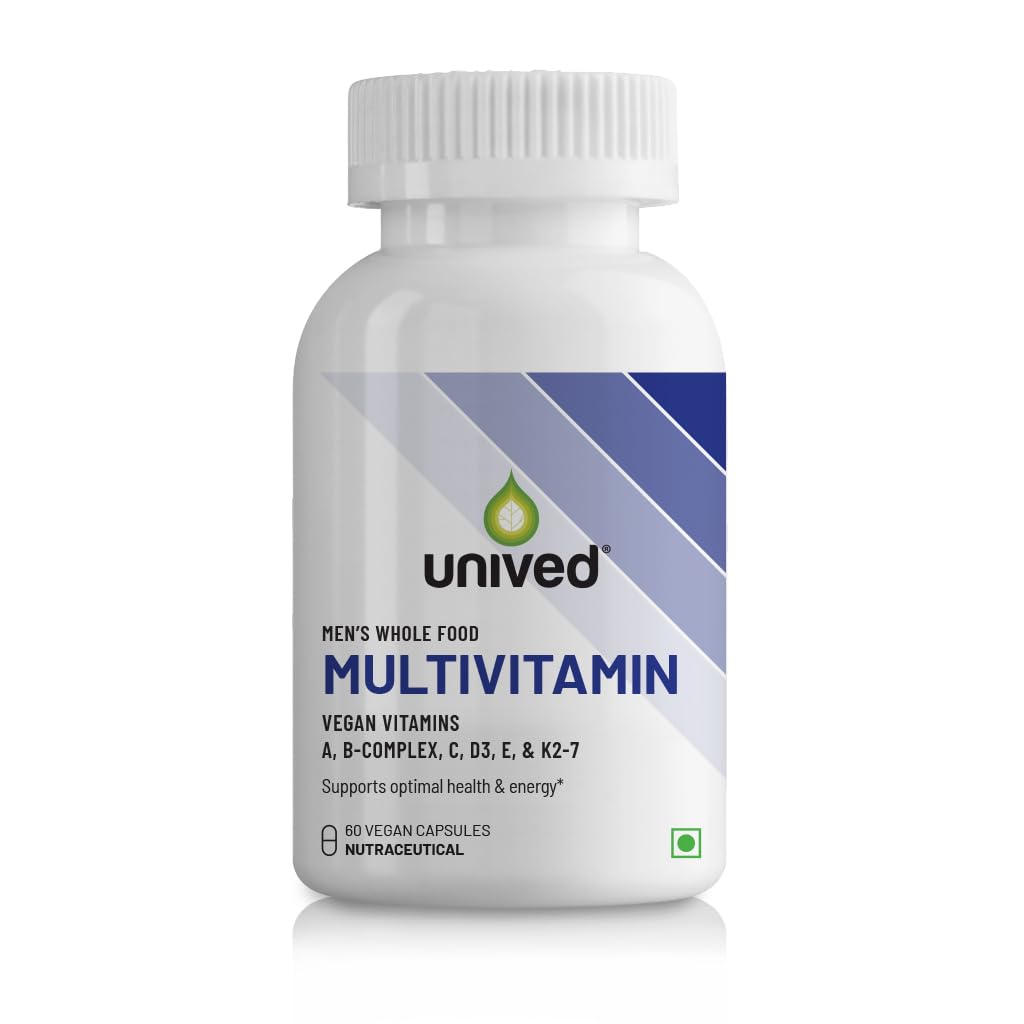 Unived Wholefood Multivitamin for Men | Vegan Plant-Based Multivitamins A, B-Complex, C, D3, E, & K2-7 | 100% Natural, Wholefood Plant Based, & Vegan | 60 Capsules