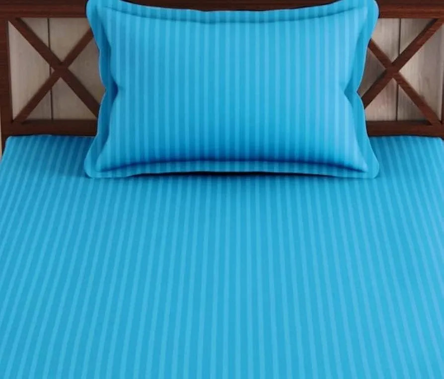 Trance Home Linen 100% Cotton 78x36 inch Single Fitted 200TC Satin Stripe Elastic Bedsheet Bedspread with 1 Pillow Cover Colour Aqua Turquoise Blue