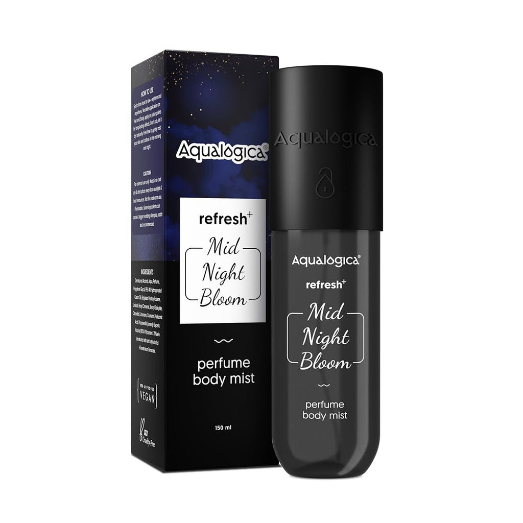 Aqualogica Refresh+ Midnight Bloom Perfume Body Mist, 150ml | Raspberry & Amber Fragrance | Long-Lasting Hair & Body Mist | Hydrating with Zemea & Hyaluronic Acid | Skin Friendly | Non-Irritating | For Men & Women