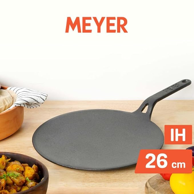 Meyer Pre-Seasoned Cast Iron Roti Tawa Pan with Stick Handle 26cm Black