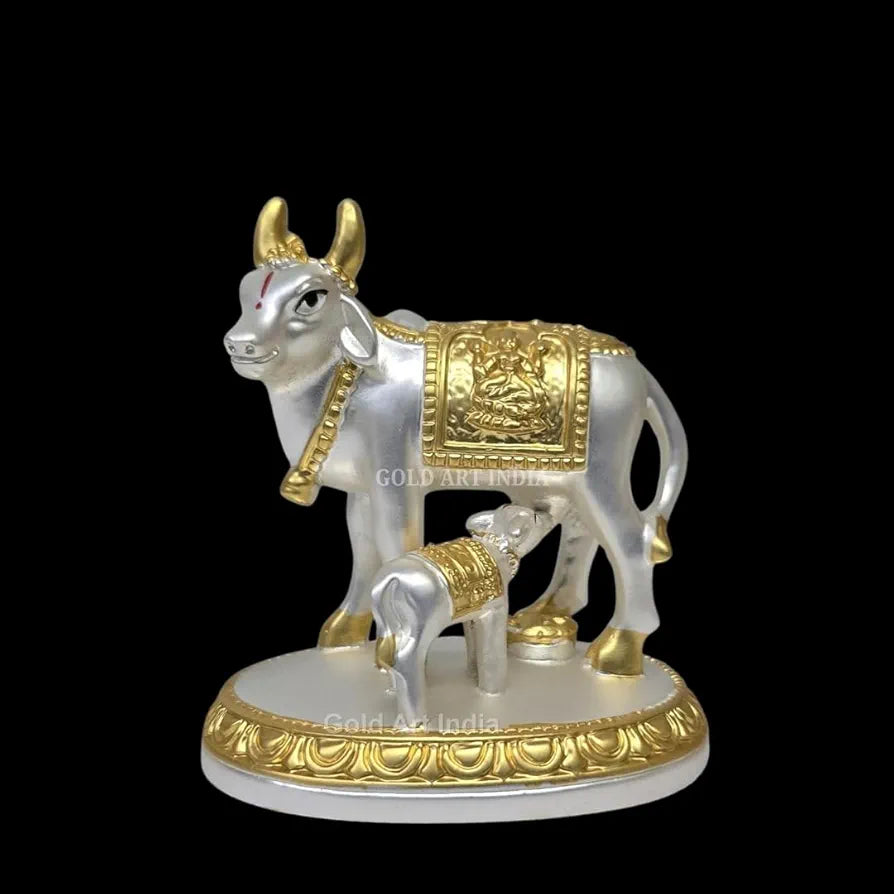 Gold Art India Kamdhenu Cow with Calf Idol Gold Silver Plated with Matte Finish 3.1 Inch