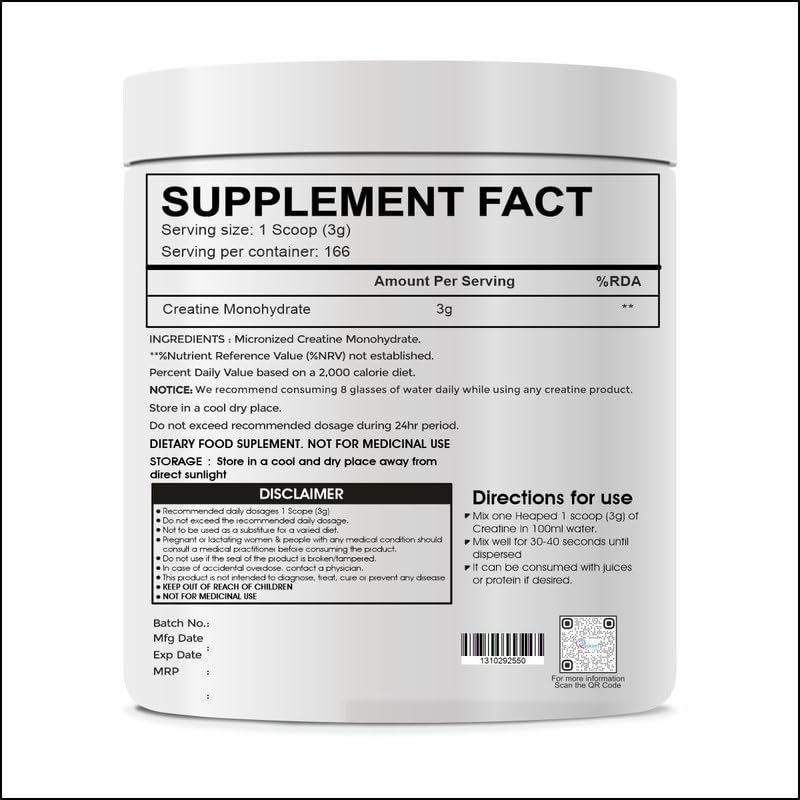 Pure Creatine Monohydrate 500gm, 166 Servings | Rapid Absorption | Enhanced Muscle Strength & Power | Vegan Powder