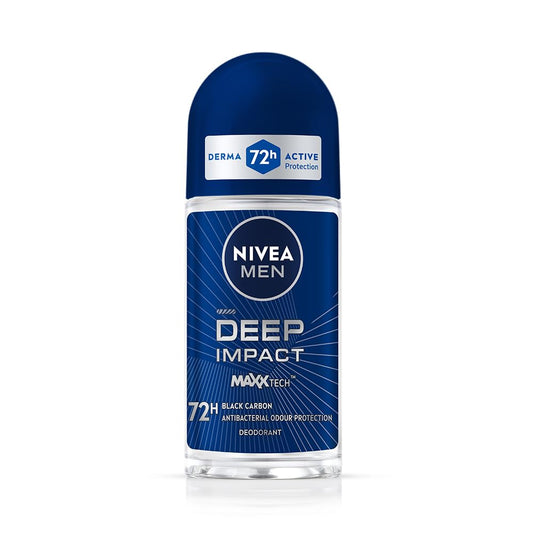 NIVEA MEN Deep Impact Freshness Deodorant Underarm Roll-on | 72 H Long Lasting Freshness | Infused with Black Carbon to fight bacteria and body odour | Woody masculine fragrance | 0% Alcohol | Dermatologically Approved & Paraben Free Formula | 50ml
