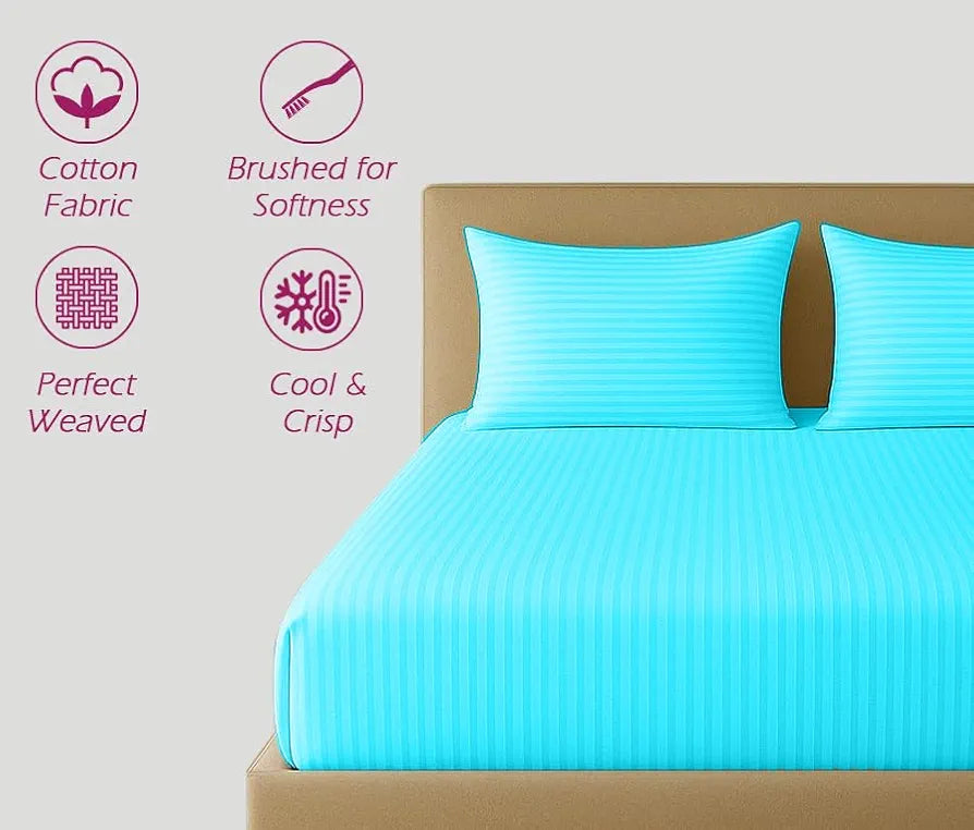 Trance Home Linen 100% Cotton 78x60 inch Queen Fitted 200TC Satin Stripe Elastic Fitted Bedsheet with 2 Pillow Covers Colour Aqua Torquoise Blue