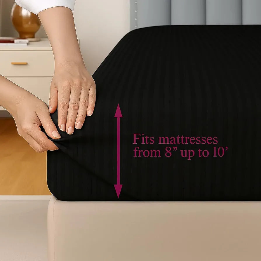 Trance Home Linen 100% Cotton 78x66 inch 200TC Satin Stripe Elastic Fitted Bedsheet Double Bed Fitted Bedspread with 2 Pillow Covers Colour Black