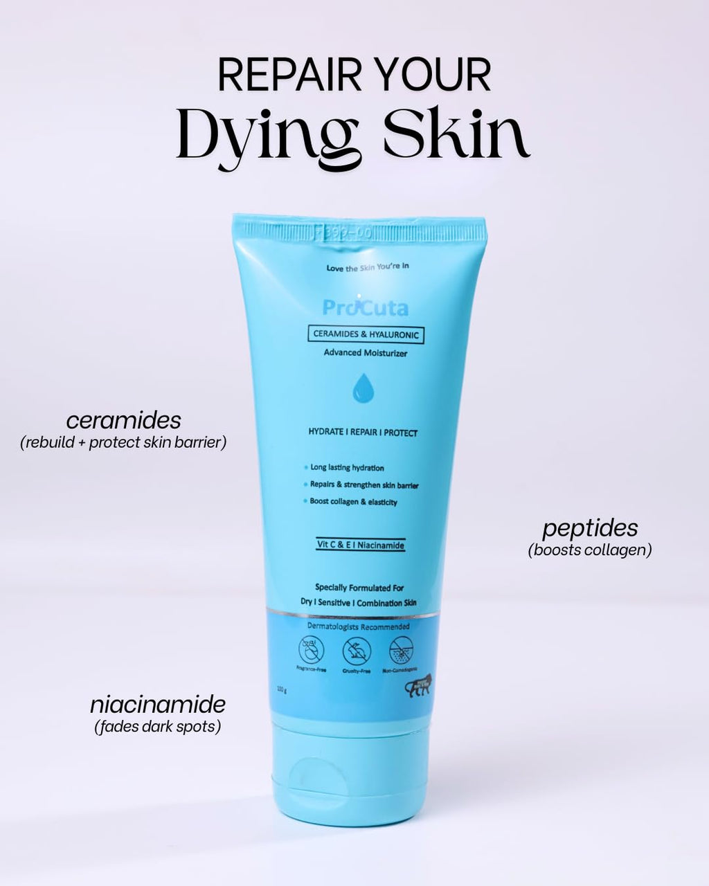 Ceramide & Peptide Face Moisturizer 100g | 48-Hour Hydration & Skin Barrier Repair Cream | Hyaluronic Acid, Niacinamide, Vitamin C, Vitamin E & Squalane | Non-Greasy Face Moisturizer for Normal to Dry Skin