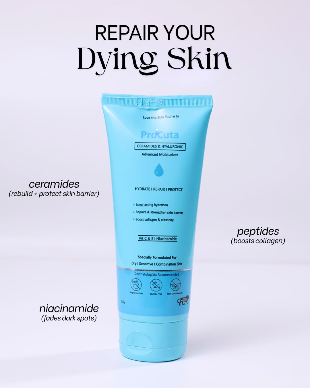Ceramide & Peptide Face Moisturizer 100g | 48-Hour Hydration & Skin Barrier Repair Cream | Hyaluronic Acid, Niacinamide, Vitamin C, Vitamin E & Squalane | Non-Greasy Face Moisturizer for Normal to Dry Skin