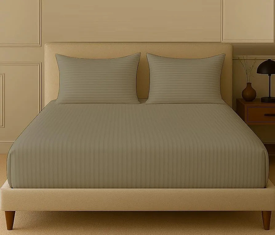 Trance Home Linen 100% Cotton 78x60 inch Queen Fitted 200TC Satin Stripe Elastic Fitted Bedsheet with 2 Pillow Covers Brown Grey