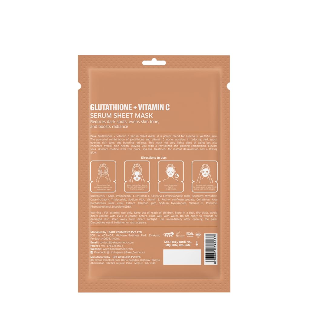 BAKE L-Glutathione Sheet Mask for Glowing Skin with Vitamin C for Instant Glow & Bright Skin | For Dark Spots, Pigmentation & Tan Removal | For All Skin Types - 20g