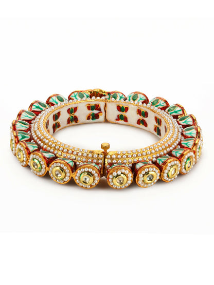 Gold-Polished Green Kundan-Studded Bangle - Ruby Raang