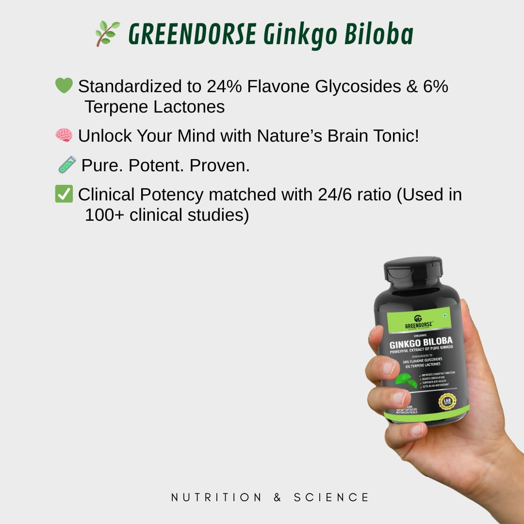 GREENDORSE Organic Ginkgo Biloba Pure Extract 120 mg | Standardized to 24% Flavone Glycosides & 6% Terpene Lactones | Cognitive Support, Circulation Booster & Antioxidant - 60 Veg Capsules