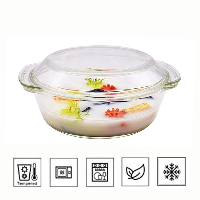 Femora Borosilicate Serving Bowl | Glass Casserole Set, Glass Bowl With Lid, Microwave Safe Bowl Set | 700 Ml