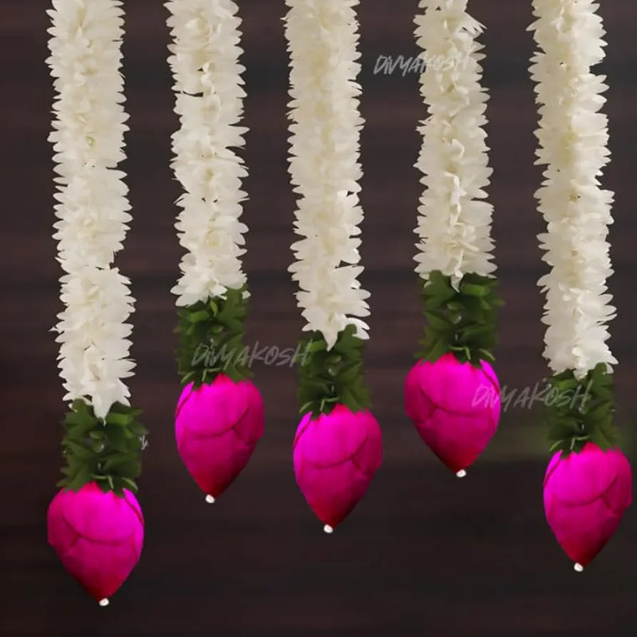 Garlands for Home Decoration Lotus Hangings Offwhite Fabric & Solawood Lotus Buds Jamsine Lotus - 6