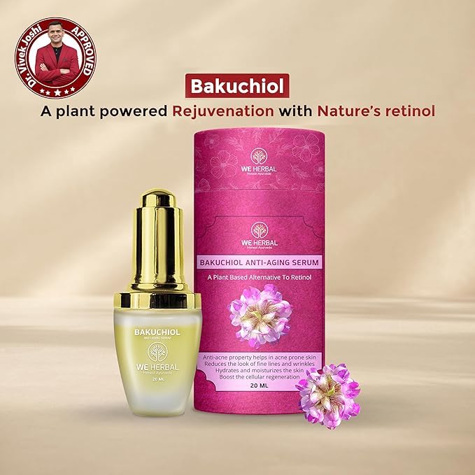 WE HERBAL Bakuchiol Anti-Ageing Serum 10ml, Natural Retinol Alternative with Rosehip & Almond Oil, Targets Acne-Causing Bacteria, Reduces Pimples, Fine Lines & Dark Spots, No Chemicals or Fragrance