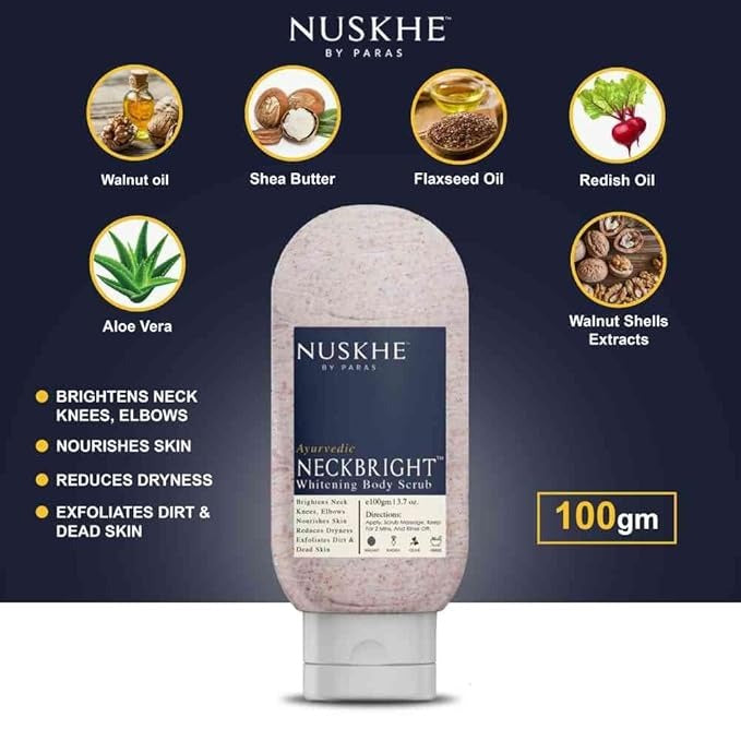 Nuskhe by Paras Neck Bright Body Scrub Dead Skin Remover With Vitamin C & Radish For Women & Men - 100 gms