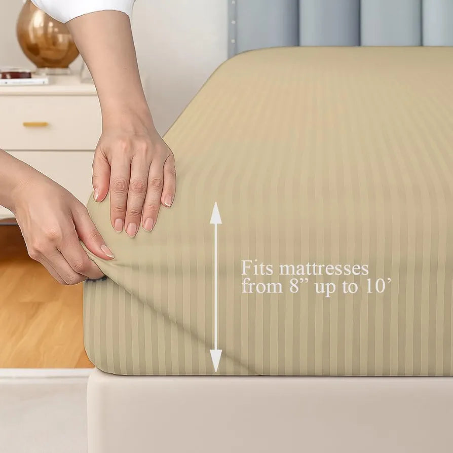 Trance Home Linen 100% Cotton 75x60 inch 200TC Satin Stripe Elastic Fitted Bedsheet Daily Use Double Bed with 2 Pillow Covers Colour Beige