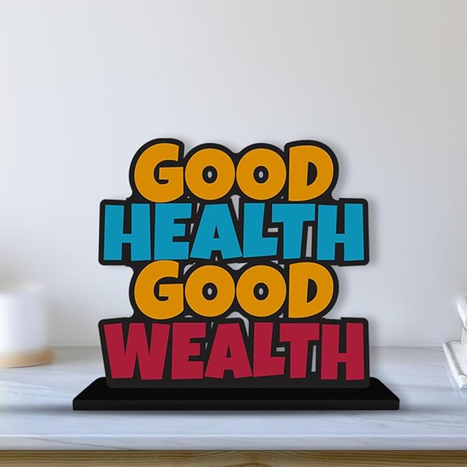 Artvibes Wooden Idols and Figurine Good Health Good Wealth Quotes Table Decoration for Office Desk | Home Decor Item