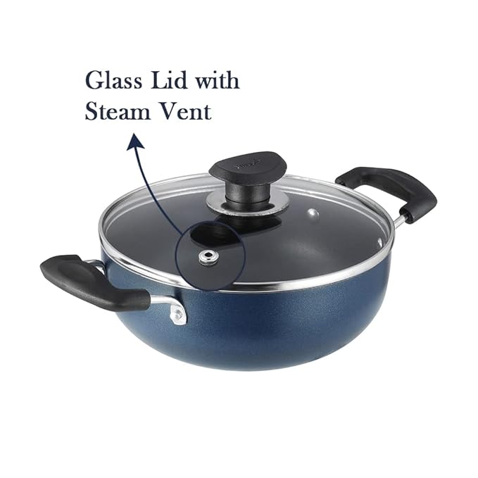 Vinod Zest Aluminium Non Stick Deep Kadhai with Glass Lid - 1.4 Litre, 18cm | 3 Layer Ceramic Coating | 3 mm Thick