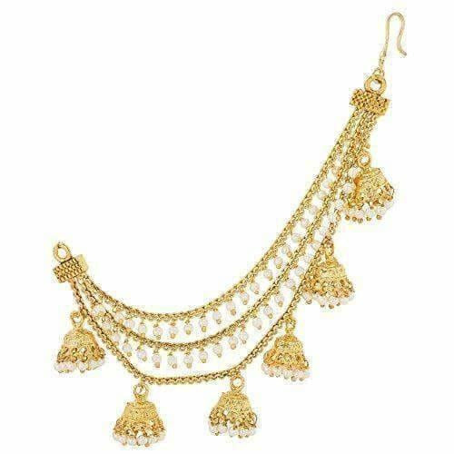 Gold-Polished Long Hair Chain with with Small White Beads