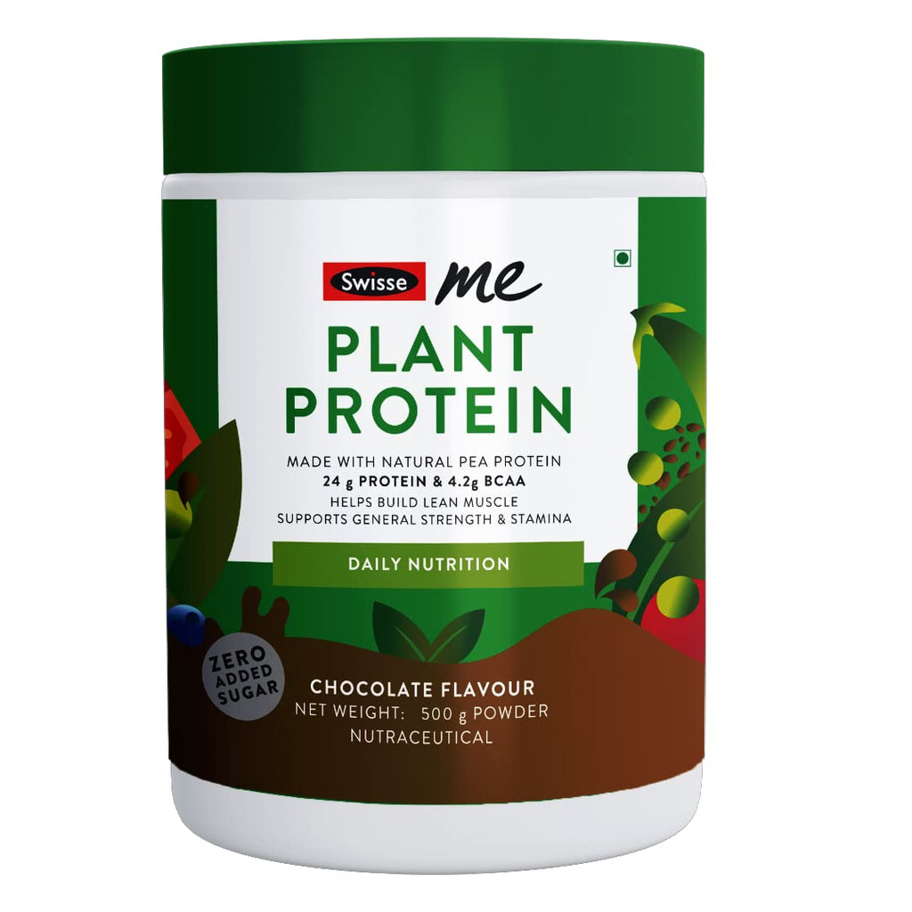 SwisseMe Plant Protein - Zero Added Sugar, 24g Vegan Pea Protein For Post Workout Recovery, Lean Muscle Building, Strength & Stamina (Chocolate Flavor, 500g)