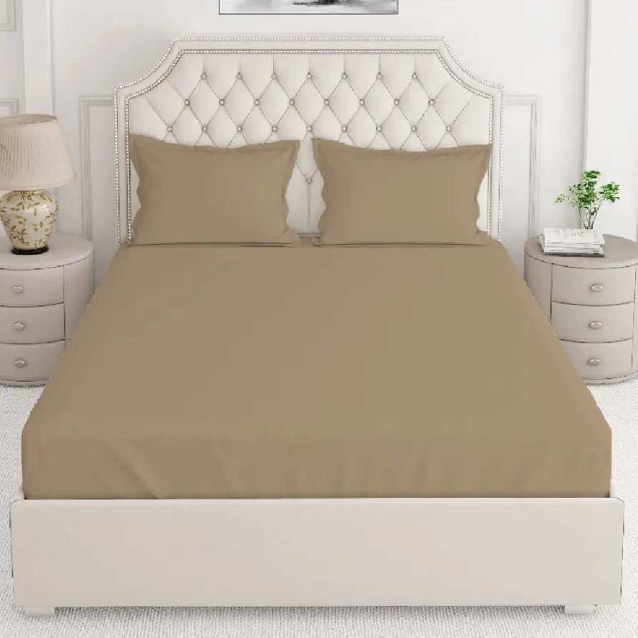Layers Cotton 144TC Elastic Fitted Bedsheet for Double Bed King Size with 2 Pillow Covers Beige, Solid Pattern