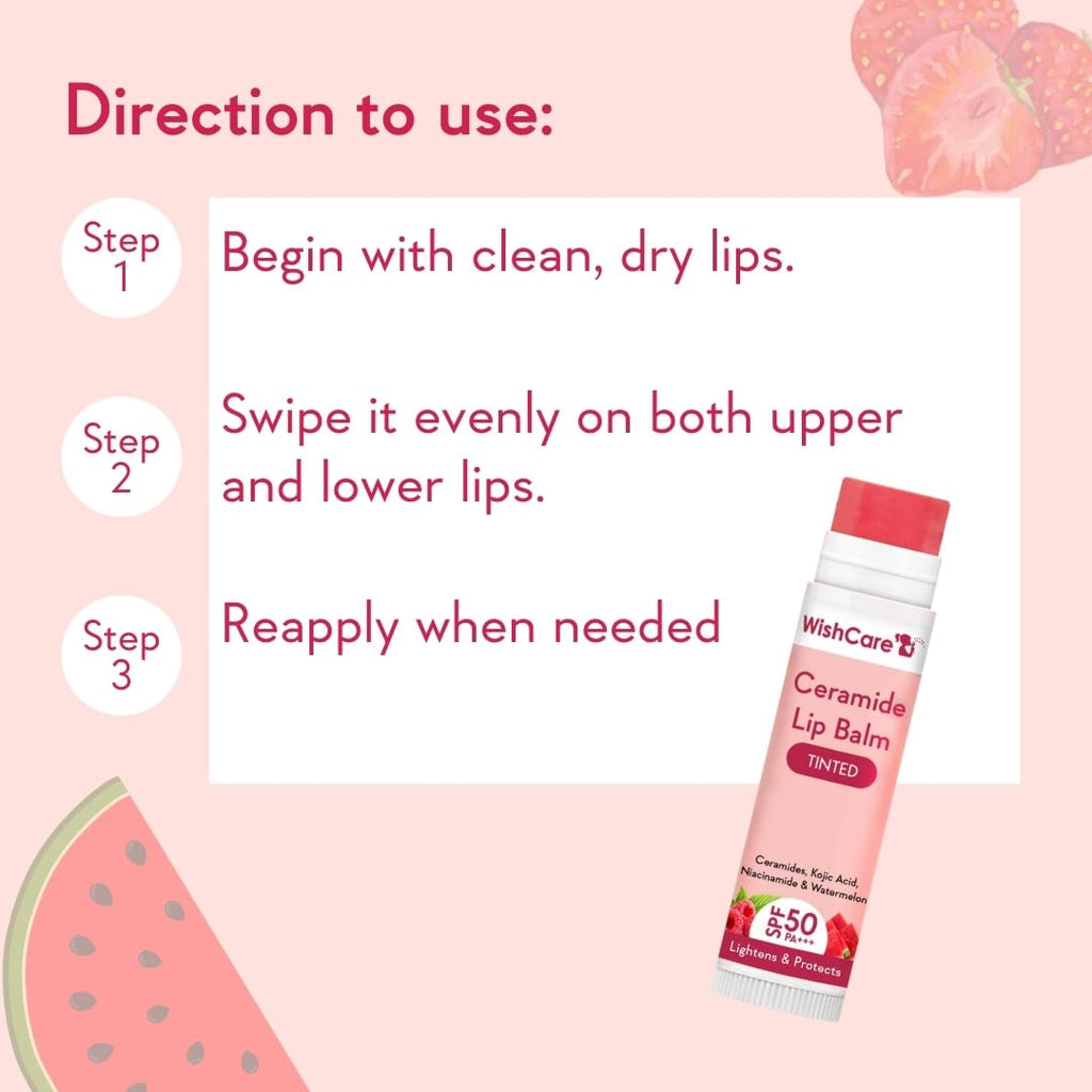 WishCare Tinted Ceramide Lip Balm with SPF50 PA+++ - Kojic Acid & Niacinamide - For Lip Lightening & Protection 5gm