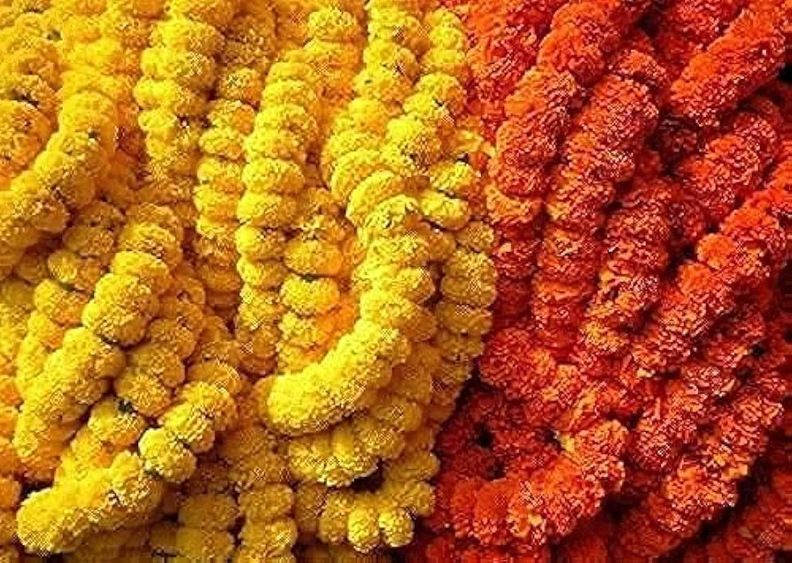 Artificial Marigold Flowers For Decoration Garland Yellow Ladi 5 Feet Long 5Pcs 50 MM Yellow