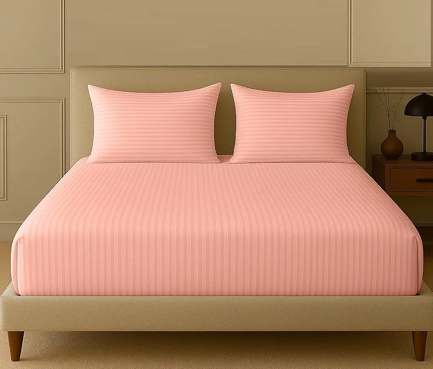 Trance Home Linen 100% Cotton 78x72 inch King Fitted 200TC Satin Stripe Elastic Fitted Bedsheet with 2 Pillow Covers Colour Peach