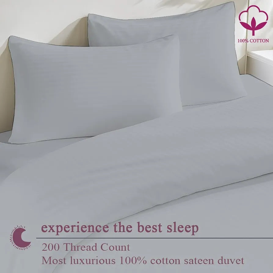 Trance Home Linen Zippered 100% Cotton 200TC Satin Stripe King Size Duvet Cover Quilt Cover Blanket Cover Razai Comforter Cover with 2 Pillow Covers Colour Silver Grey