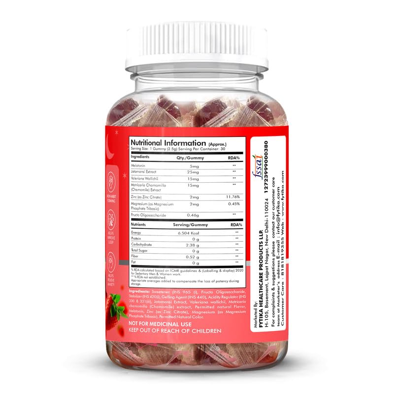 Fytika Melatonin Gummies 5mg - 30 Gummies (Pack of 1)| for Men & Women | Jatamansi, Chamomile, Valeriana, Zinc & Magnesium | No Added Sugar | Natural Strawberry Flavour
