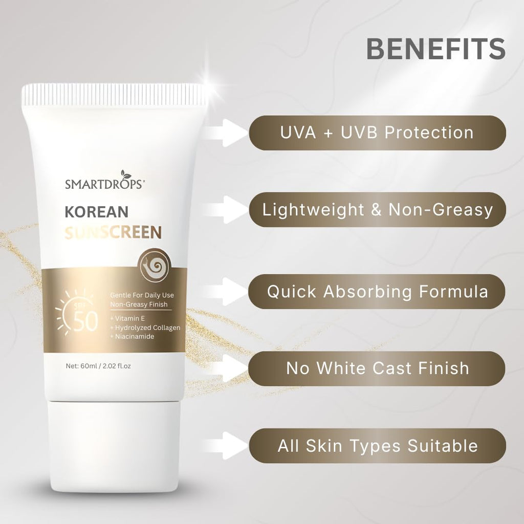 Smartdrops Korean Sunscreen SPF 50 Broad Spectrum UV Protection Lightweight Face & Body Suncream Non Greasy Daily Use For All Skin Types- 60ml (Pack 1)
