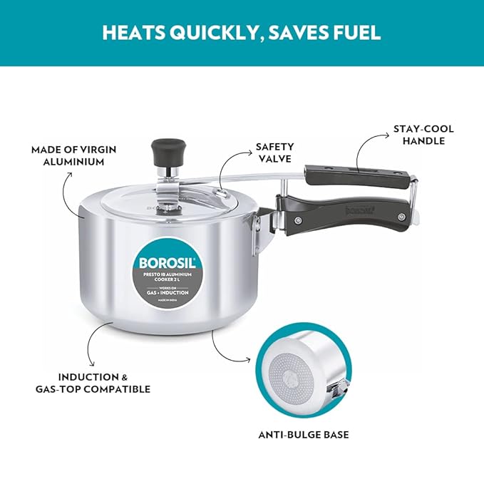 Borosil Presto Induction Base Inner Lid Aluminium Pressure Cooker, Silver | 2 Litres