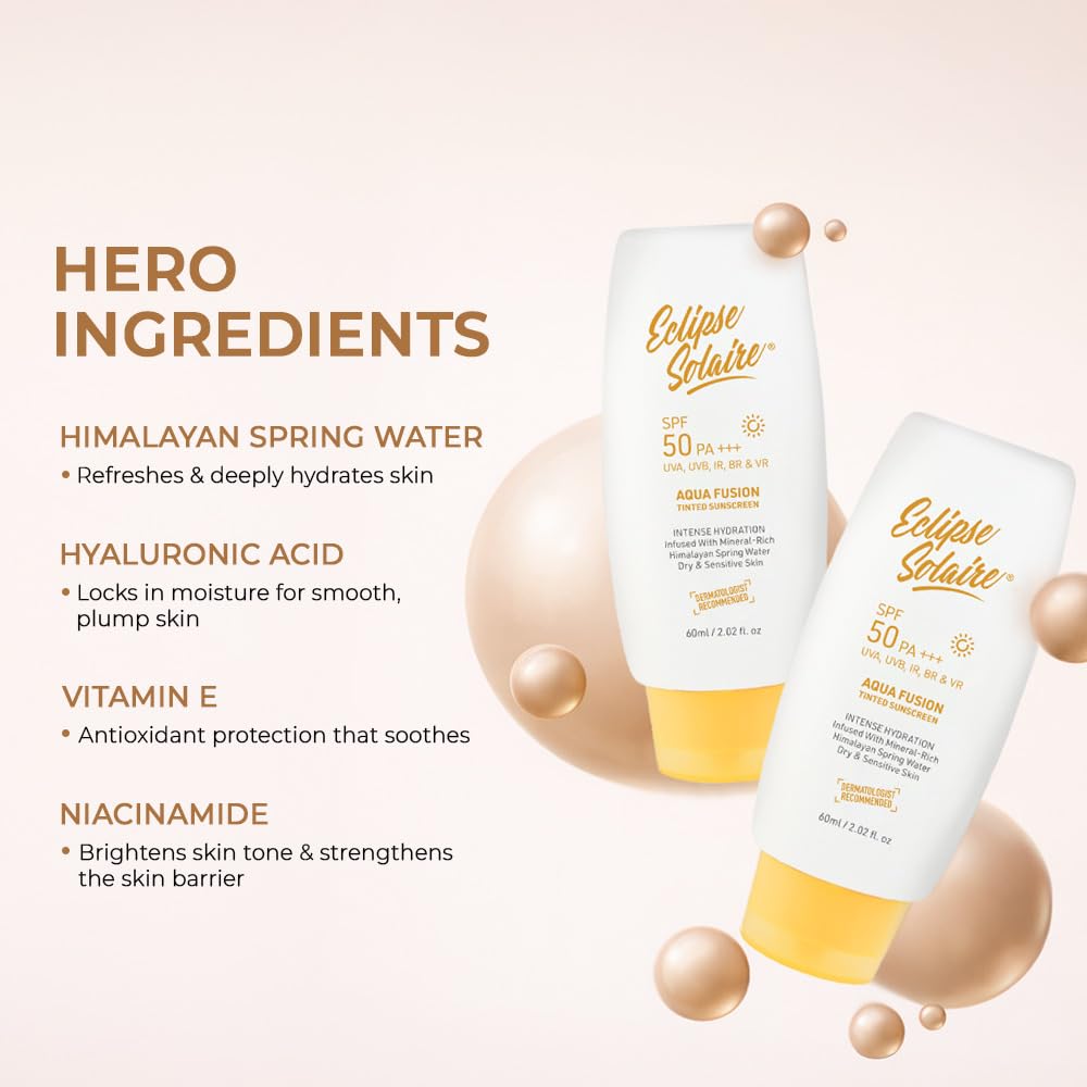 Eclipse Solaire Aqua Fusion Sunscreen SPF50 | 5X Protection with SPF 50 PA+++ | Infused with Himalayan Spring Water | Non-Greasy, For All Skin Types â€“ 60ml