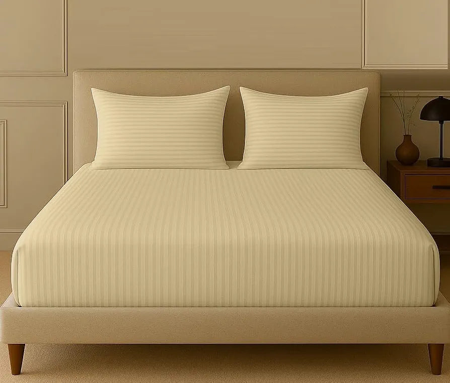 Trance Home Linen 100% Cotton 75x60 inch 200TC Satin Stripe Elastic Fitted Bedsheet Daily Use Double Bed with 2 Pillow Covers Colour Beige