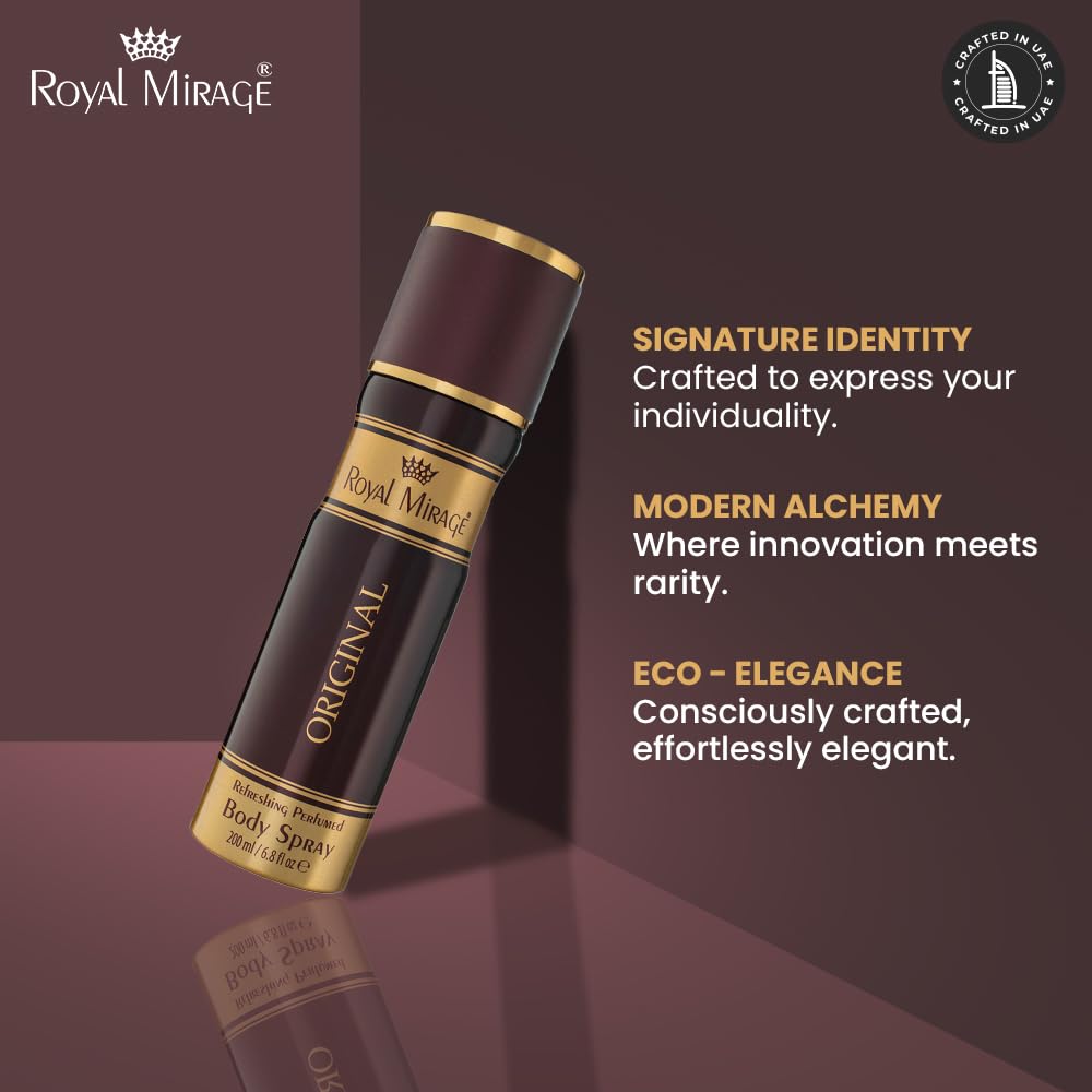 Royal Mirage Original Body Spray | Unisex Fragrance | Long-Lasting Perfume | Refreshing & Elegant Scent | Grooming Essential | Fresh & woody fragrance | All-Day Freshness | 200ml