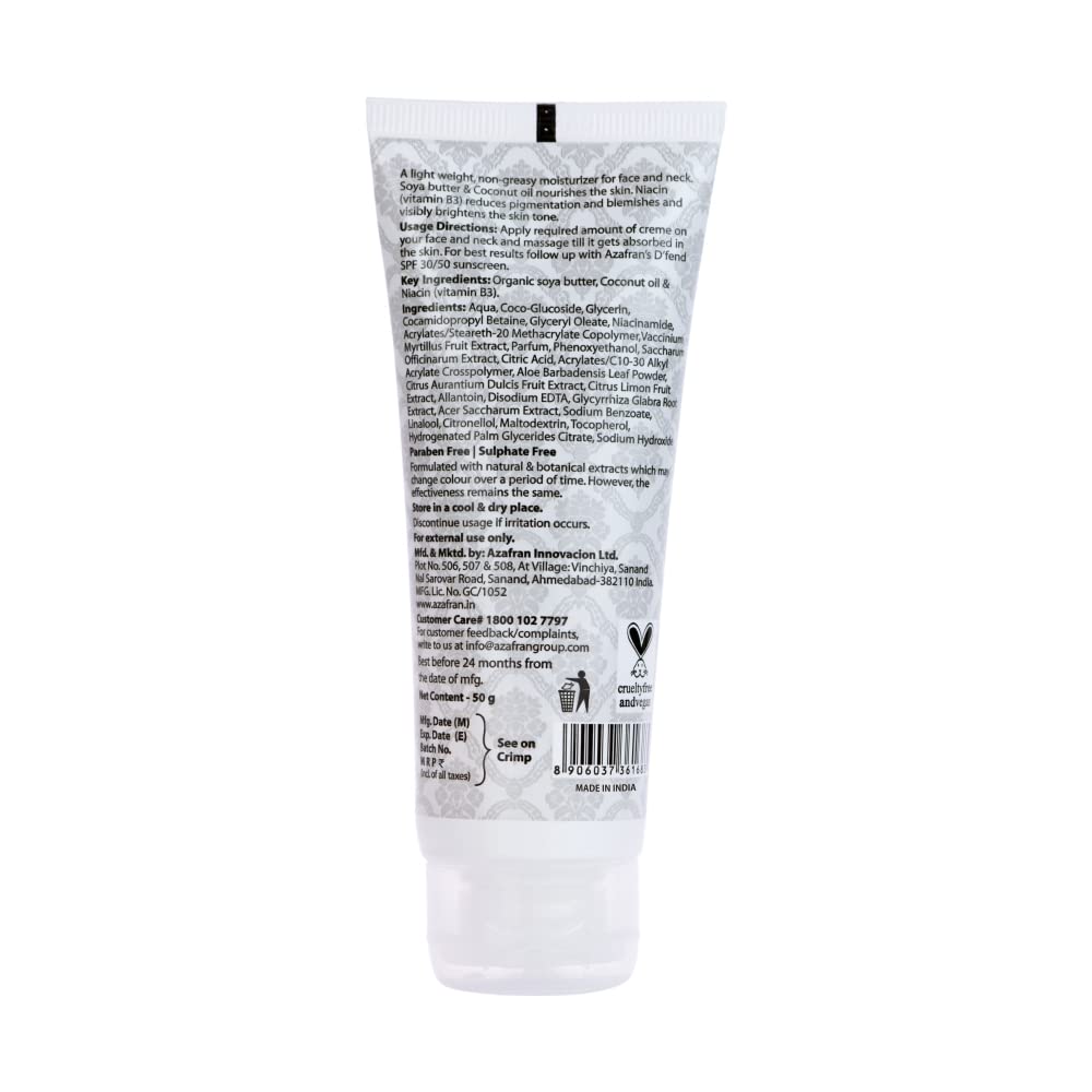 Azafran Organics Skin Brightening and Lightening Face Cream, For Normal and Dry Skin, With Vitamin B3, Soya Butter, Coconut Oil, Evens Out Skin Tones, Restores Youthful Glow. 50g