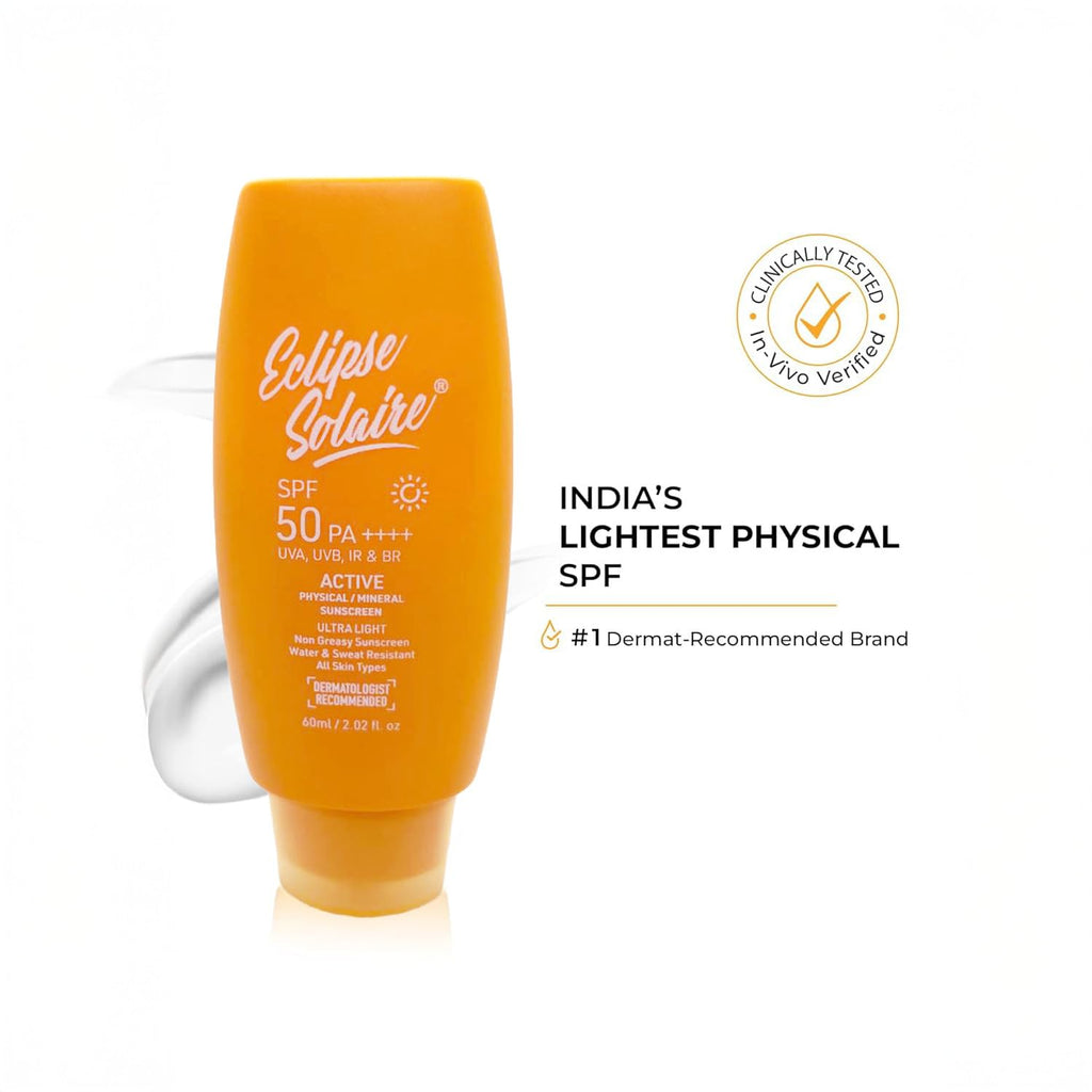 Eclipse Solaire Active Physical / Mineral Sunscreen SPF50 PA++++ | Clinically Tested | No White Cast | Broad Spectrum UVA/UVB & Blue Light Shield | Non-Greasy Sunscreen SPF 50 For All Skin Types â€“ 60ml.