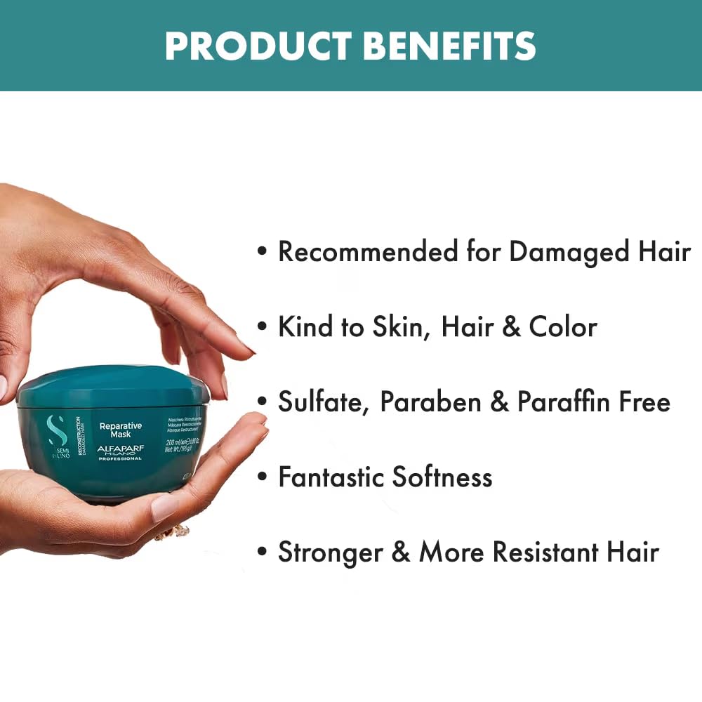 Alfaparf Milano Reparative Mask for Damaged Hair, Damage Hairfall Repair, Safe on Color, Bleach Leave-In Repair Hair Treated Hair, Repairs Bonds & Fiber - Sulfate, Paraben and Paraffin Free - Vegan Formula 200ML.