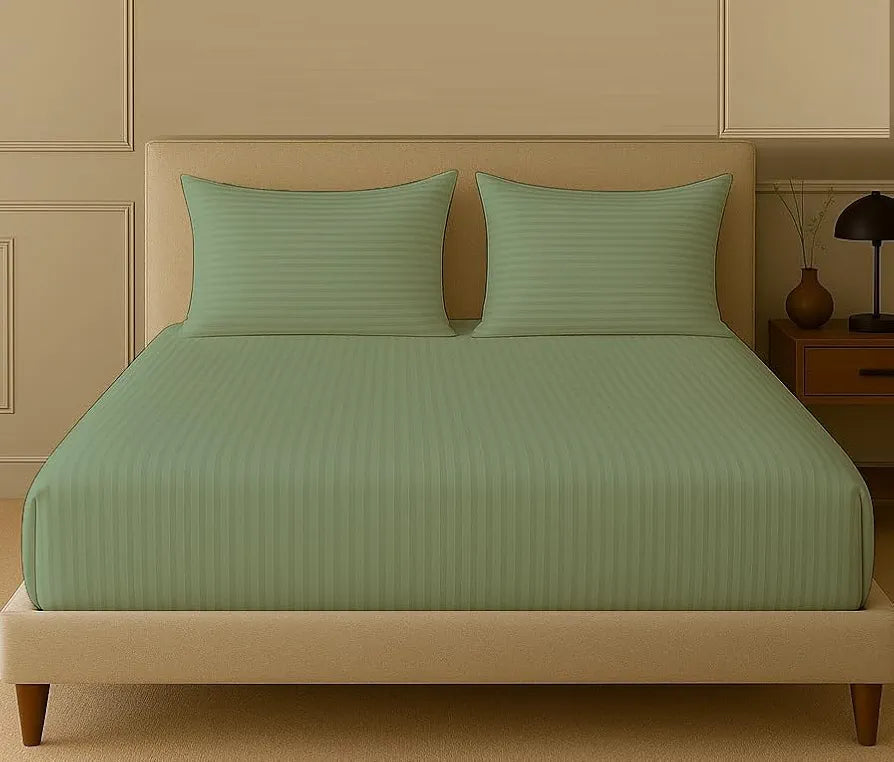 Trance Home Linen 100% Cotton 78x66 inch 200TC Satin Stripe Elastic Fitted Bedsheet Daily Use Double Bed Fitted Bedspread with 2 Pillow Covers Colour Moss Green