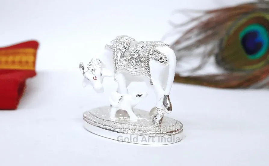 Gold Art India Kamdhenu Cow with Calf Idol White & Silver Plated Finish