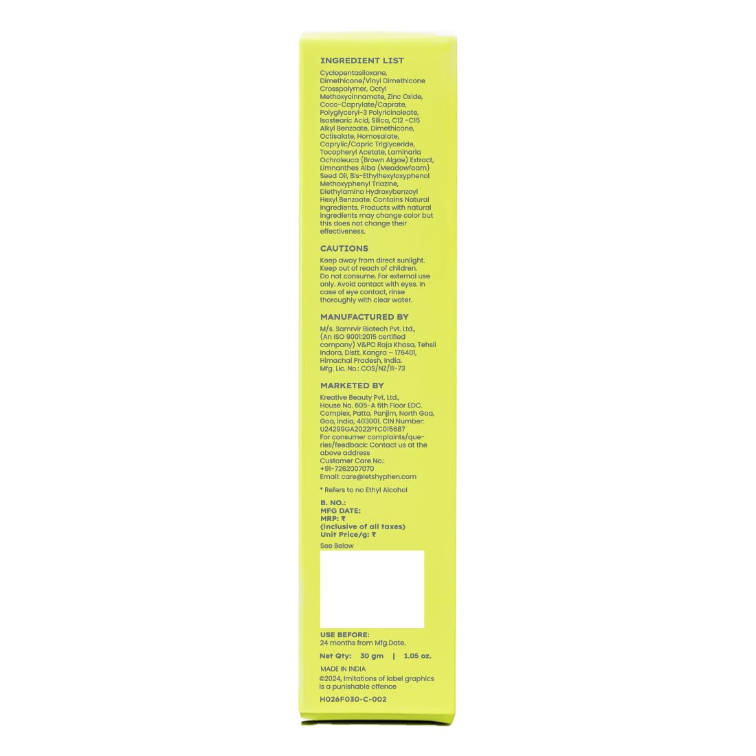 Hyphen Matte Max Velvet Touch Sunscreen Spf 70+ Pa++++|Sun Protection|Sun Shield|Moisturizes And Soothes Skin|12 Hrs Uva-Uvb Protection|Sunscreen Spf No White Cast, Combination & All Skin Types-30G