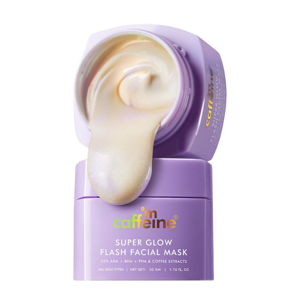 mCaffeine Super Glow Flash Facial 25% AHA+BHA+PHA Face Mask | 5 Mins Glow Face Pack | Instant Brightening & Hydrate Winter Skin | Unclogs Pores, Removes Blackhead & Dead Skin | Tan Removal | Color Changing Mask for Dry Skin- 50gm