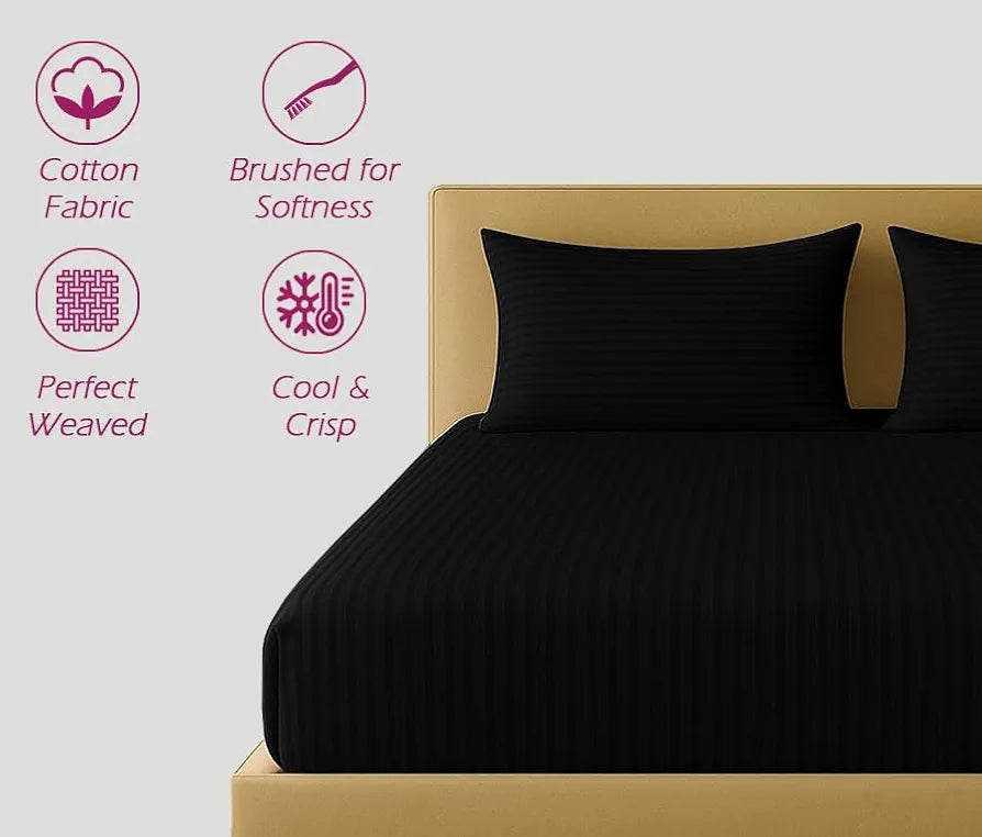 Trance Home Linen 100% Cotton 78x66 inch 200TC Satin Stripe Elastic Fitted Bedsheet Double Bed Fitted Bedspread with 2 Pillow Covers Colour Black