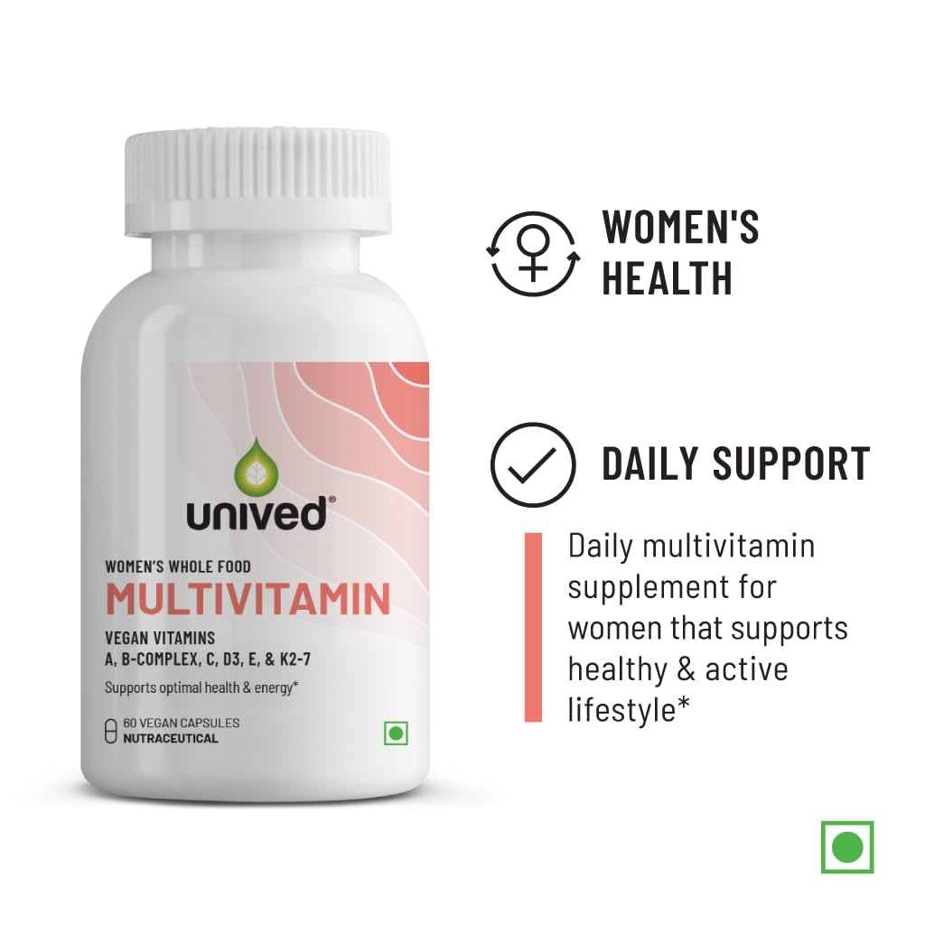 Unived Wholefood Multivitamin for Women | Vegan Plant-Based Multivitamins A, B-Complex, C, D3, E, & K2-7| Natural, Wholefood Plant Based, & Vegan | 60 Capsules