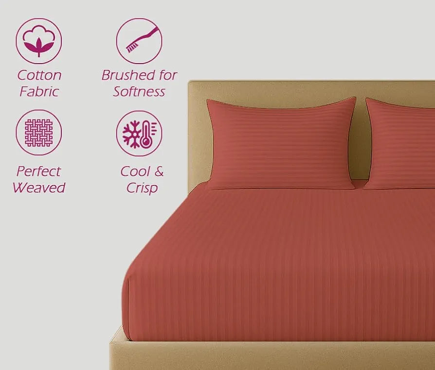 Trance Home Linen 100% Cotton 78 x 66 inch 200TC Satin Stripe Elastic Fitted Bedsheet Incredible smooth finish Double Bed Fitted Bedspread with 2 Pillow Covers Colour Copper Rust