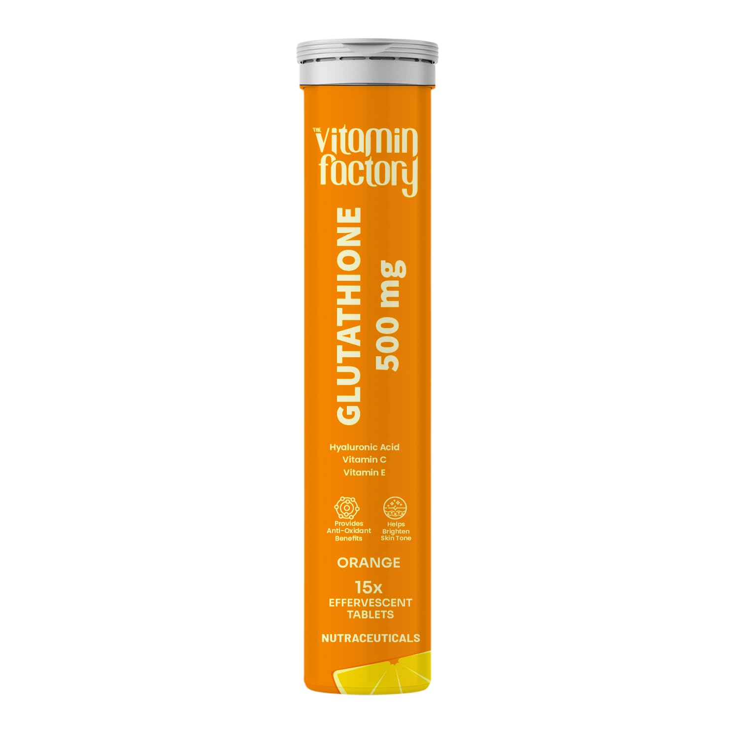 The Vitamin Factory Glutathione Tablets with Vitamin C, E & Hyaluronic Acid | 500mg L-Glutathione for Skin Glow, Hydration & Youthful Skin | Orange Flavor, 15 Tablets (Pack of 1)