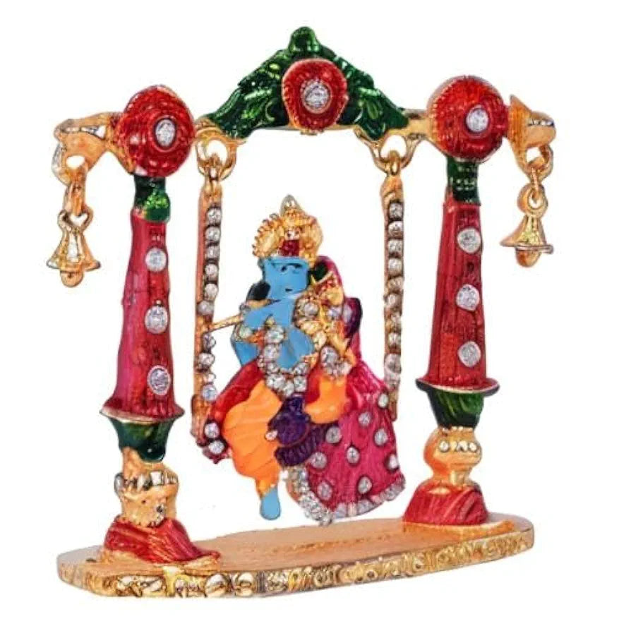 Collectible India Radha Krishna Idol on Jhula Metal Statue for Car Dashboard
