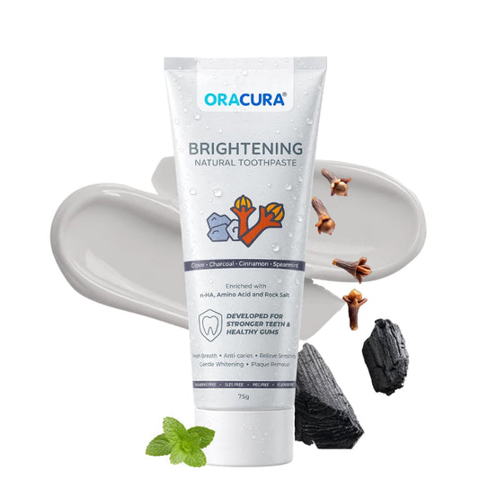 ORACURA Brightening Natural Toothpaste (Charcoal) | Fluoride-Free, SLES-Free | nHA (Nano Hydroxyapatite) Enamel Strengthening | Gently Whitens, Removes Surface Stains, Helps Prevent Plaque & Discoloration | Clove Extracts | 75 g (Pack of 1)